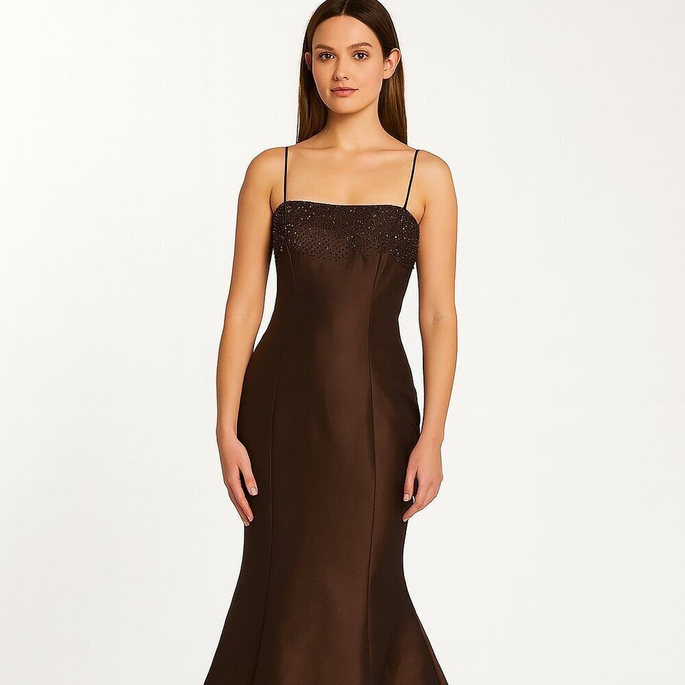 Frascara Brown Satin Embellished Mermaid Evening Gown Dress Size 4 Formal Prom C